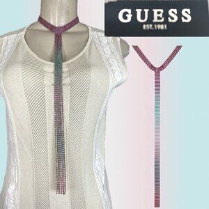 Guess Pink-Teal-Purple Crystal Ombre Choker Gold-Tone Set Long Lariat Necklace